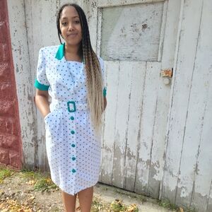 1980s Periwinkle Cream Polka Dot Dress